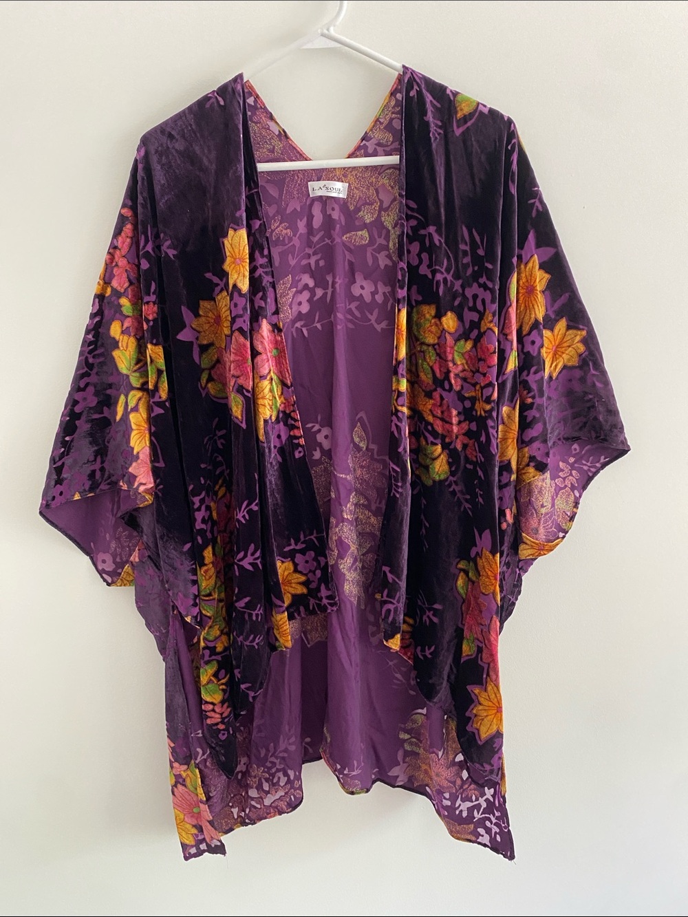 Boho Chic Velvet Burnout Kimono Open Front Shawl Purple Gold OS